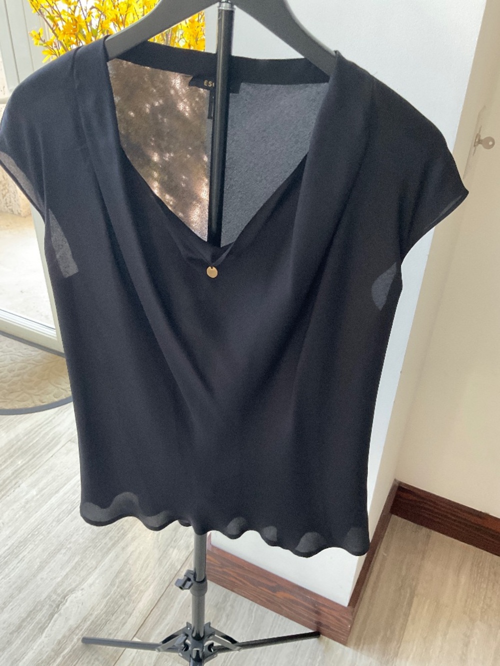 Escada Black Silk Blouse Size 42- drop neck with coin